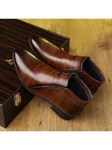 Men's Pointed Toe Fashion Boots, Striped Embossed Side Zipper Short Boots, Solid Color Business Western Style Elastic (Pull Tab) Side Zipper, Office Wear, All Season Fashion