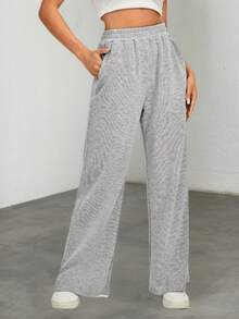 European American Minimalist Style Women's Comfortable Pocket High Waist Elastic Fashion Wide Leg Pants - Grey - View 1