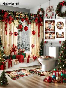 Christmas Decorations1/3/4pcs Christmas Window Scene Shower Curtain Bathroom Set, Gift Box With Bow And Snowflake Print Waterproof And Wear-Resistant Bathroom Decor And Accessories,With 12 Hooks - Includes Toilet Seat Cover, Bath Mats, And Rugs Polyester Fabric - Washable - Perfect For Holiday Decor,Home/Bedroom/House/Western/Winter Decor