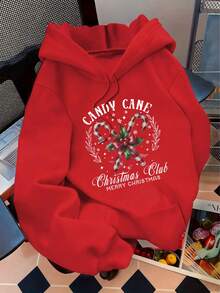 Plus Size Women's Beach Candy Cane With Holly, "CANDY CANE", "Christmas Club" And "MERRY CHRISTMAS" Text Pattern Hooded Long Sleeves Casual Spring/Summer/Fall Women's Plus-Size Long-Sleeved Sweatshirt Thanksgiving Day Going Out Tops Women, Vacation Outfits Women - Red - View 2