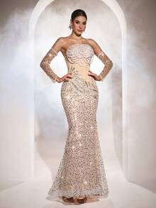 Đầm dạ hội sang trọng Astony, được trang trí bằng sequin, tua rua và ngọc trai, với thắt lưng xương cá, cổ tay áo đính sequin và chân váy đuôi cá quyến rũ. Thích hợp cho lễ hội hóa trang, đám cưới, lễ đính hôn, tiệc sang trọng, lễ hội âm nhạc và tiệc sinh nhật. - trắng - Xem 9