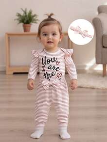 Conjunto de 3 piezas para bebé niña, otoño, mono de manga larga con estampado del alfabeto + pantalón de punto a rayas + diadema ajustable con lazo, mezcla de algodón suave, talla 1-18 meses, perfecto para uso diario y fotos familiares. - Rosa - Ver 3