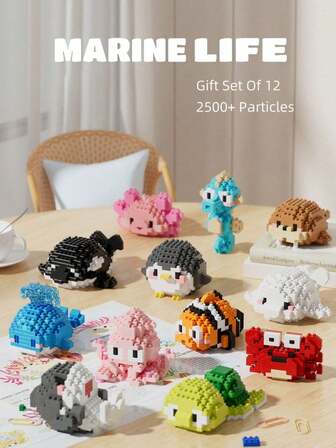 12 件/套海洋动物积木，DIY 动物系列积木，桌面装饰，缓解压力，家居装饰，办公室装饰品，生日、父亲节、母亲节、婚礼、毕业礼物，2500+ 颗粒