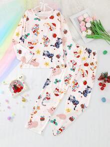 2件套少女休闲卡通圣诞小猫印花圆领长袖上衣和裤子睡衣套装，阻燃，适合所有季节及圣诞节穿着 - 杏色 - 查看 1