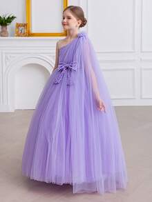 女童蝴蝶结肩部薄纱公主裙，适合生日派对、花童、婚礼、舞会、节日活动 - 淡紫色 - 查看 3