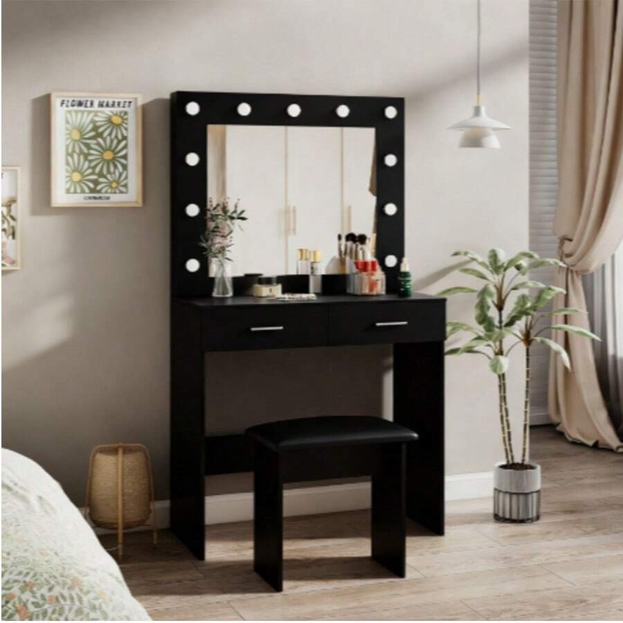 Dressing Table Set With LED Lights Mirror, Vanity Makeup Table 2 Large Drawers And Stool (Black)