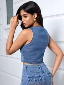 Chaleco de mezclilla con botones frontales para mujer, casual de verano - Azul lavado medio - Ver 2