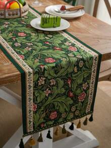 Khăn trải bàn hình chữ nhật jacquard họa tiết hoa xanh phong cách đồng quê Mỹ có tua rua, thích hợp sử dụng hàng ngày, lễ hội, dã ngoại, tiệc tùng, sinh nhật, tiệc trà bình thường, mọi mùa - Nhiều màu - Xem 3