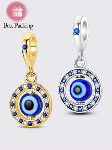 1 pieza de cuentas con diseño giratorio y brillo de circonita cúbica con revestimiento de plata, ojos azules, apta para hacer pulseras DIY para uso diario, fiestas y compras