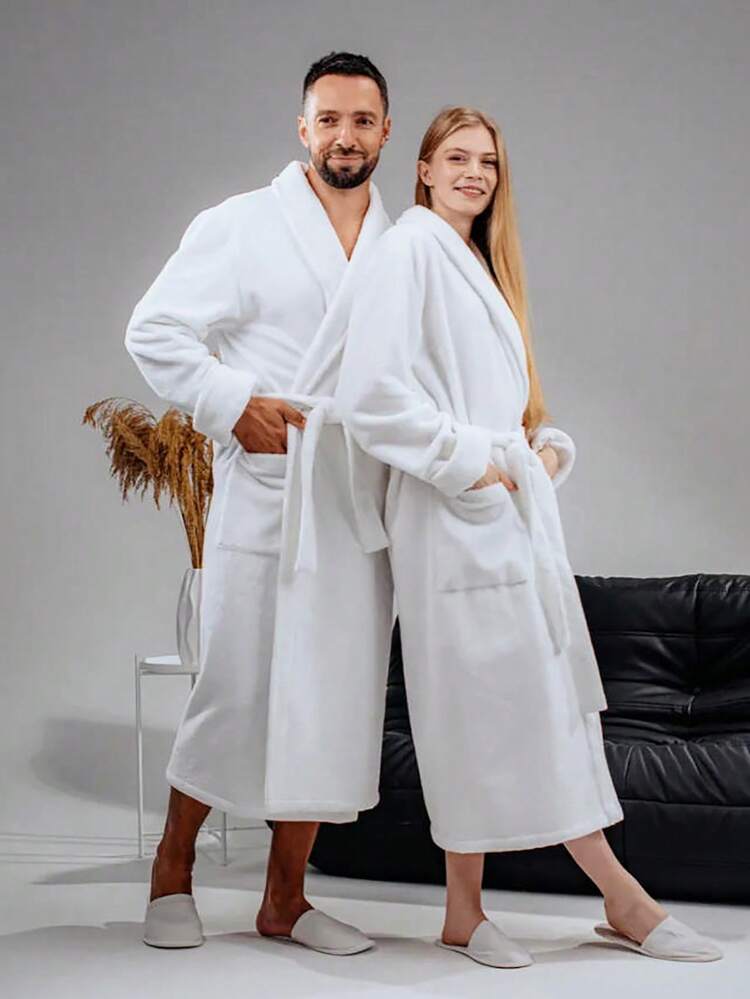 1 pieza Bata de baño unisex de unicolor, bata de hotel, se puede usar como toalla, bata, con capucha o solapa, disponible en varios colores, adecuada para el hogar, hotel, baño, fiesta, piscina, picnic, todas las estaciones, decoración del baño, regalo, bata de baño, accesorios de baño, regalo del Día de San Valentín - bata de baño de lana coral - Añade 2