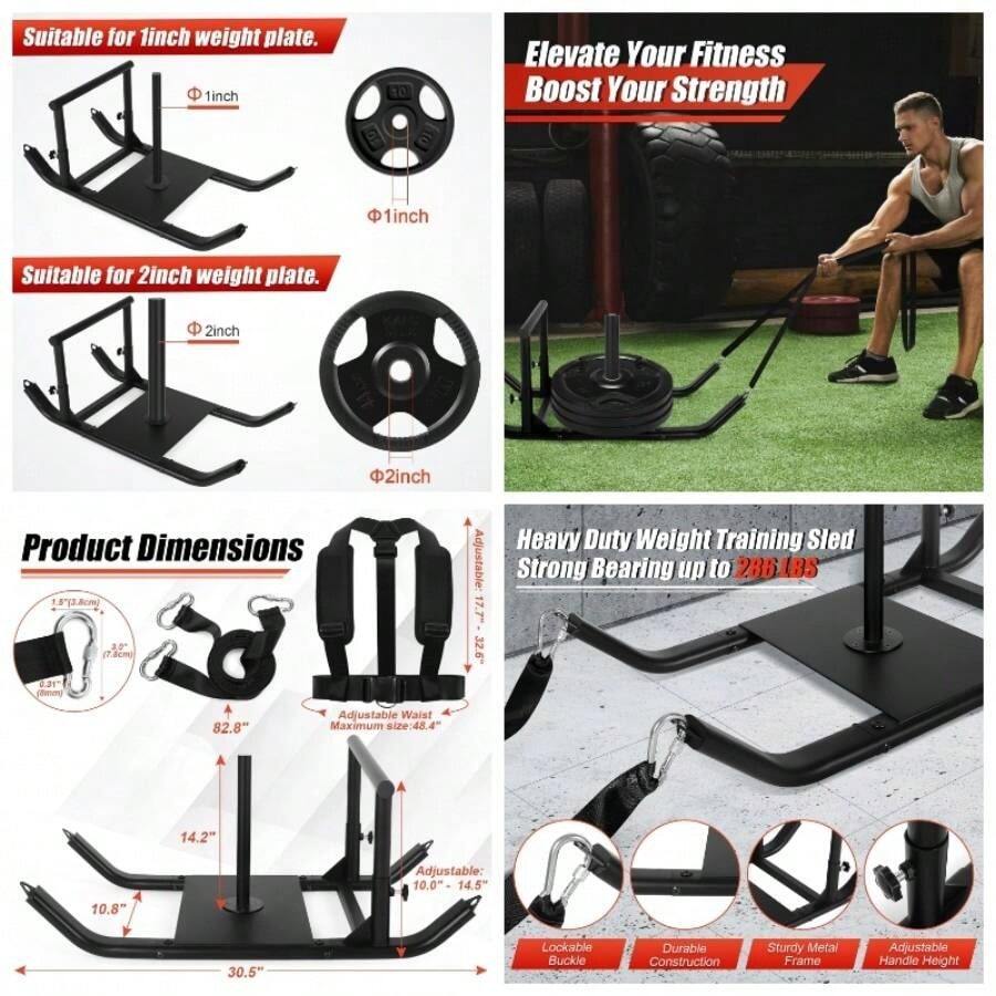 GDFISH Large Weight Sled, Adjustable Height Handle Push Sleds, Workout Fitness Sled Training Running Speed, Compatible With 1 2 Weight Plate, Easy Obstacle Grass, Sand, Cement