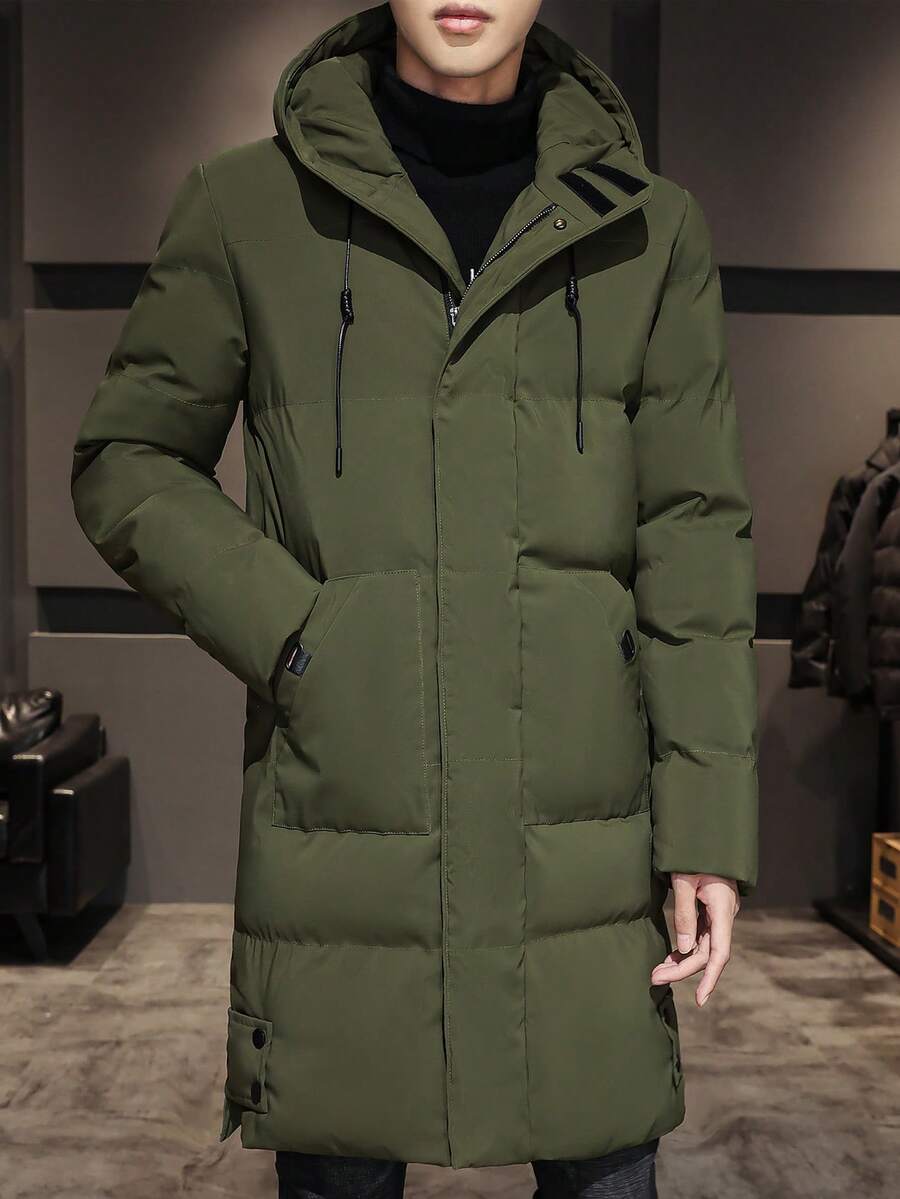 男士长袖绗缝拉链连帽羽绒服,冬季保暖 - 軍綠色 - 查看 1