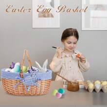 Wicker Picnic Basket With Double Folding Handles,Willow Picnic Hamper,Natural Hand Woven Easter Basket,Easter Eggs And Candy Basket,Bath Toy And  Toy Storage,Gift Packing Basket.Blue,24515599 - 藍色 - 查看 2