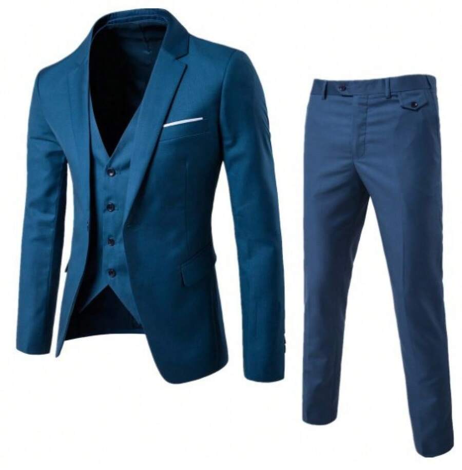 Groom's Suit Set - Men's Three-Piece British-Style Casual Business Suit - Slim-Fit Wedding Attire - màu xanh đại dương - Xem 1