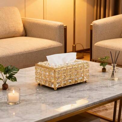 铁艺水晶纸巾盒 | 无底座双层置物架，适用于客厅茶几 | 北欧奢华浴室置物架 | 创意家居装饰，无需安装，纸巾盒