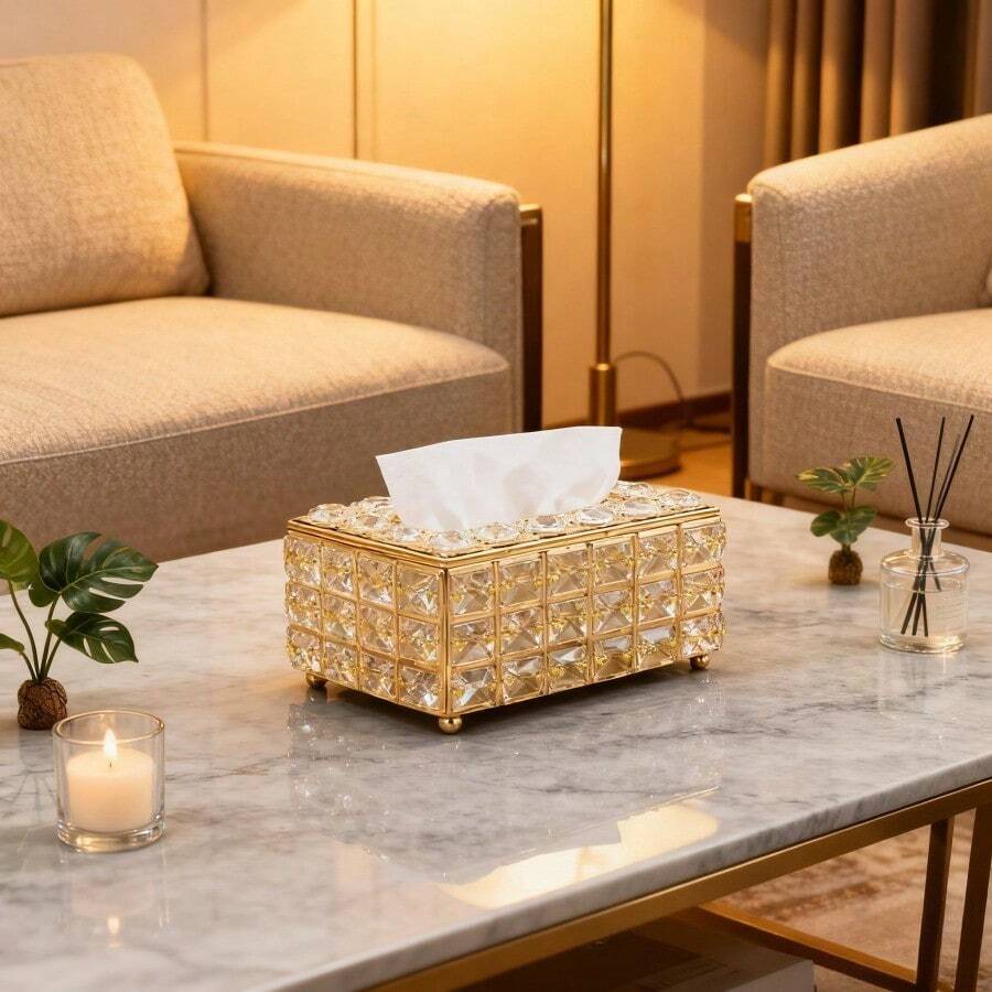 Caixa de lenços de cristal, caixa de lenços retangular, porta-lenços de luxo, caixa de armazenamento de lenços dourada, capa decorativa para caixa de lenços, adequada para restaurante, sala de estar, banheiro, quarto, escritório, etc. Caixa organizadora de mesa, caixa de lenços, caixa de armazenamento - Multicolorido - Ver 1