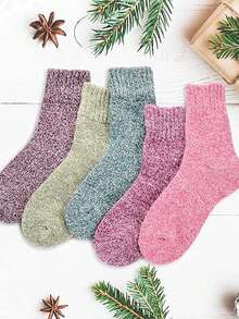 5 pares de calcetines de media caña gruesos de estilo vintage de unicolor para mujeres, talla única 35-43, unisex