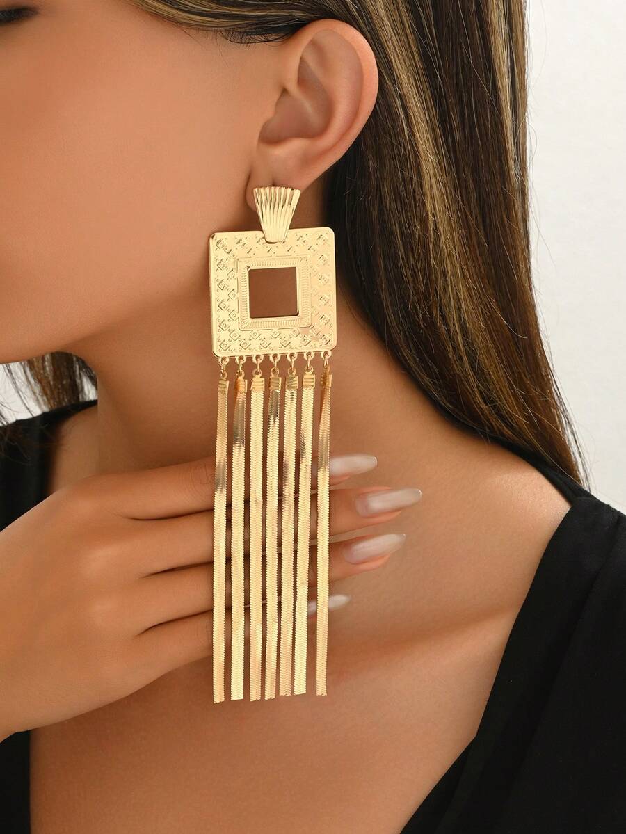 1 Pair Geometric Metal Square Tassel Snake Bone Chain Dangle Earrings For Women, Suitable For Formal Events And Casual Wear