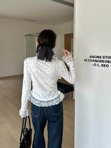 女士波点高领拼接蝴蝶结蕾丝边修身打底衫，情人节女士上衣，秋冬季 - 白色 - 查看 10