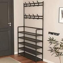 Multifunctional Metal Storage Rack With 8 Double Hooks, 5 Tier Clothes Hat Shoes Organizer Suitable For Bedroom, Living Room, Entrance And Office, Easy To Assemble - 黑色 - 查看 1