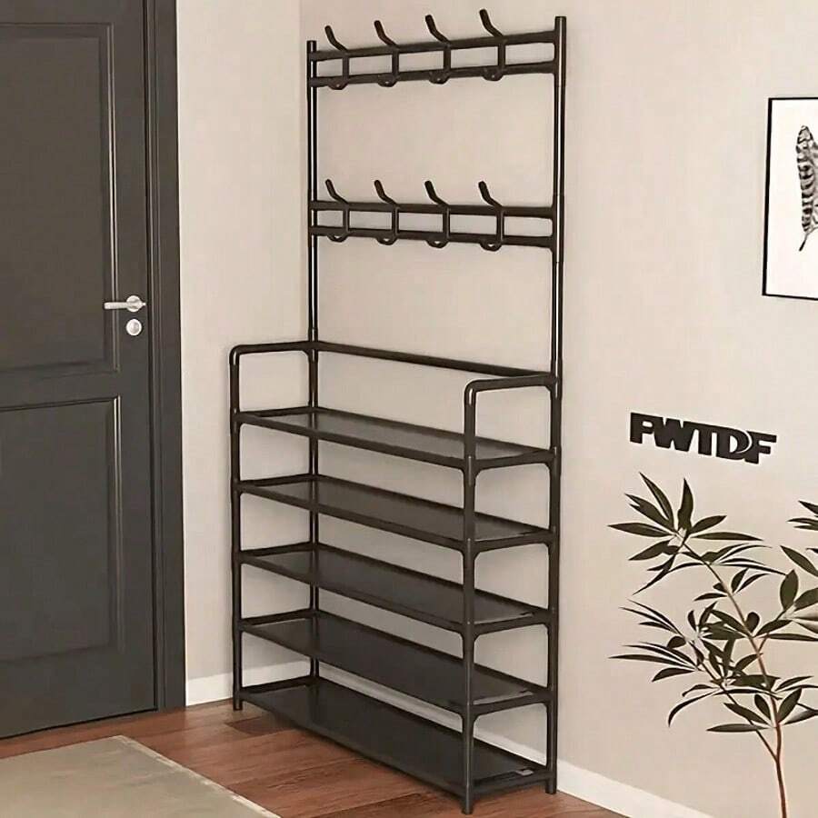 Multifunctional Metal Storage Rack With 8 Double Hooks, 5 Tier Clothes Hat Shoes Organizer Suitable For Bedroom, Living Room, Entrance And Office, Easy To Assemble - 黑色 - 查看 1