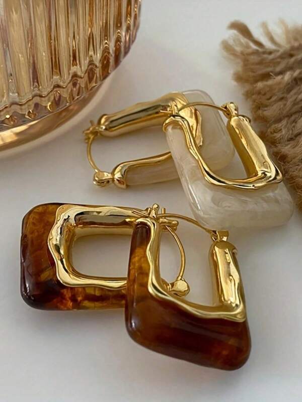 1 Paar elegante vintage U-förmige Creolen mit goldfarbener Oberfläche & Harz-Einlage - stilvoller Alltagsschmuck für Frauen, perfektes Geschenk