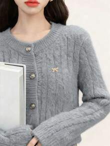 女士时尚短款保暖蝴蝶结多功能圆领长袖毛衣开衫针织外套秋冬街头潮流 - 灰色 - 查看 4