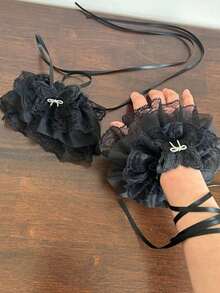 1 Pair Women's Spring/Summer Lolita Style Ruched Edge Lace Cuffs, Sweet Ballerina Fashion Elegant Vintage Sexy Ribbon Cuff Sleeves' - Black - View 4