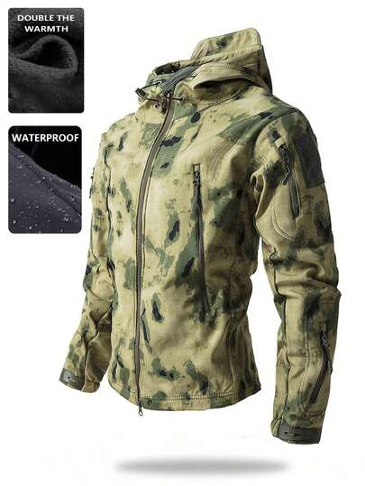 男士保暖内衬休闲运动夹克，防风防水户外迷彩软壳外套，秋冬季，抓绒，滑雪