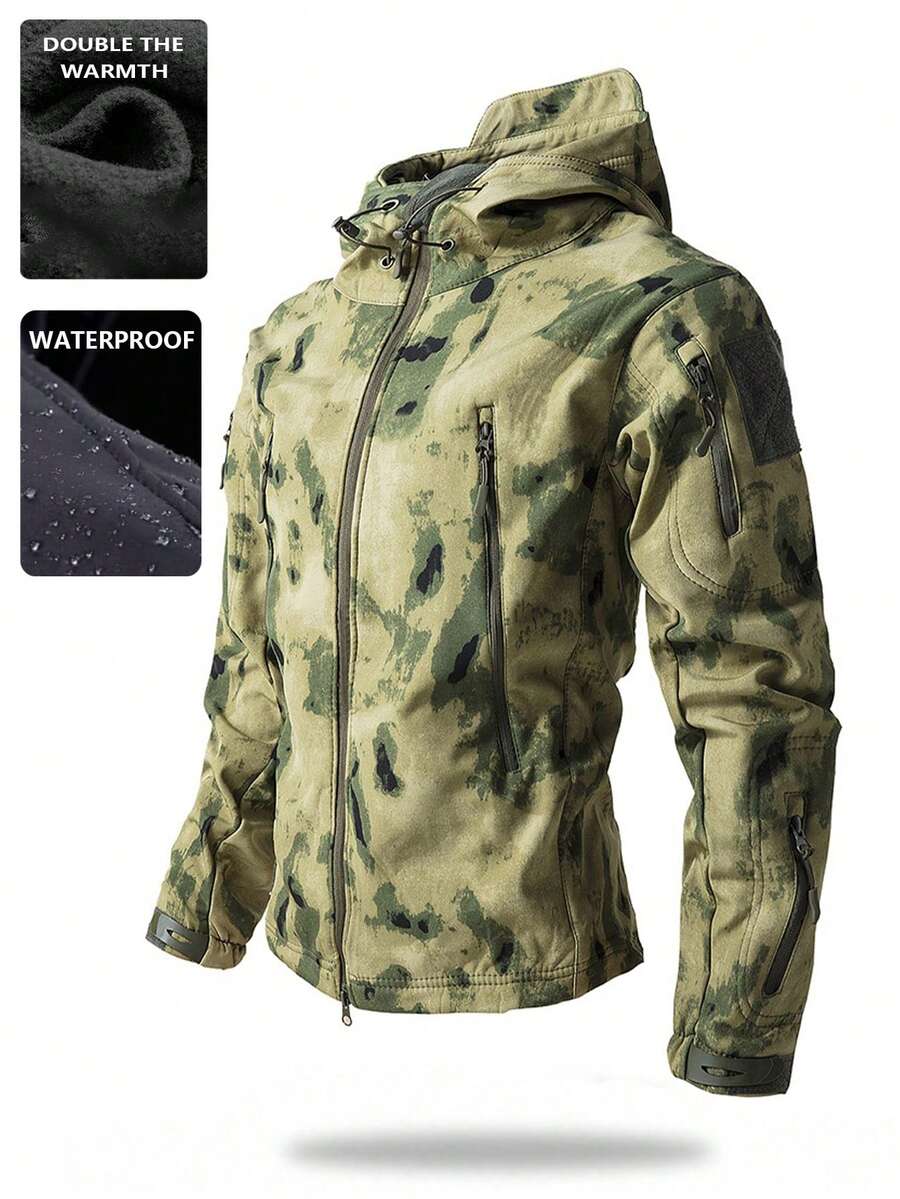 男士保暖内衬休闲运动夹克，防风防水户外迷彩软壳外套，秋冬季，抓绒，滑雪 - 橄欖綠 - 查看 1