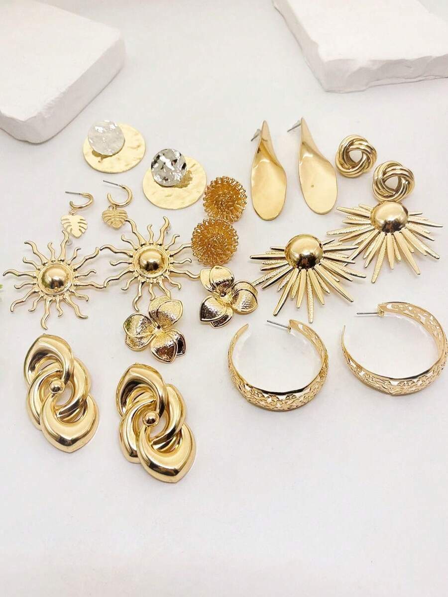 5 对各式金属几何耳环套装，适合女性日常佩戴、节日、派对、礼物 - 5套耳釘 - 查看 1