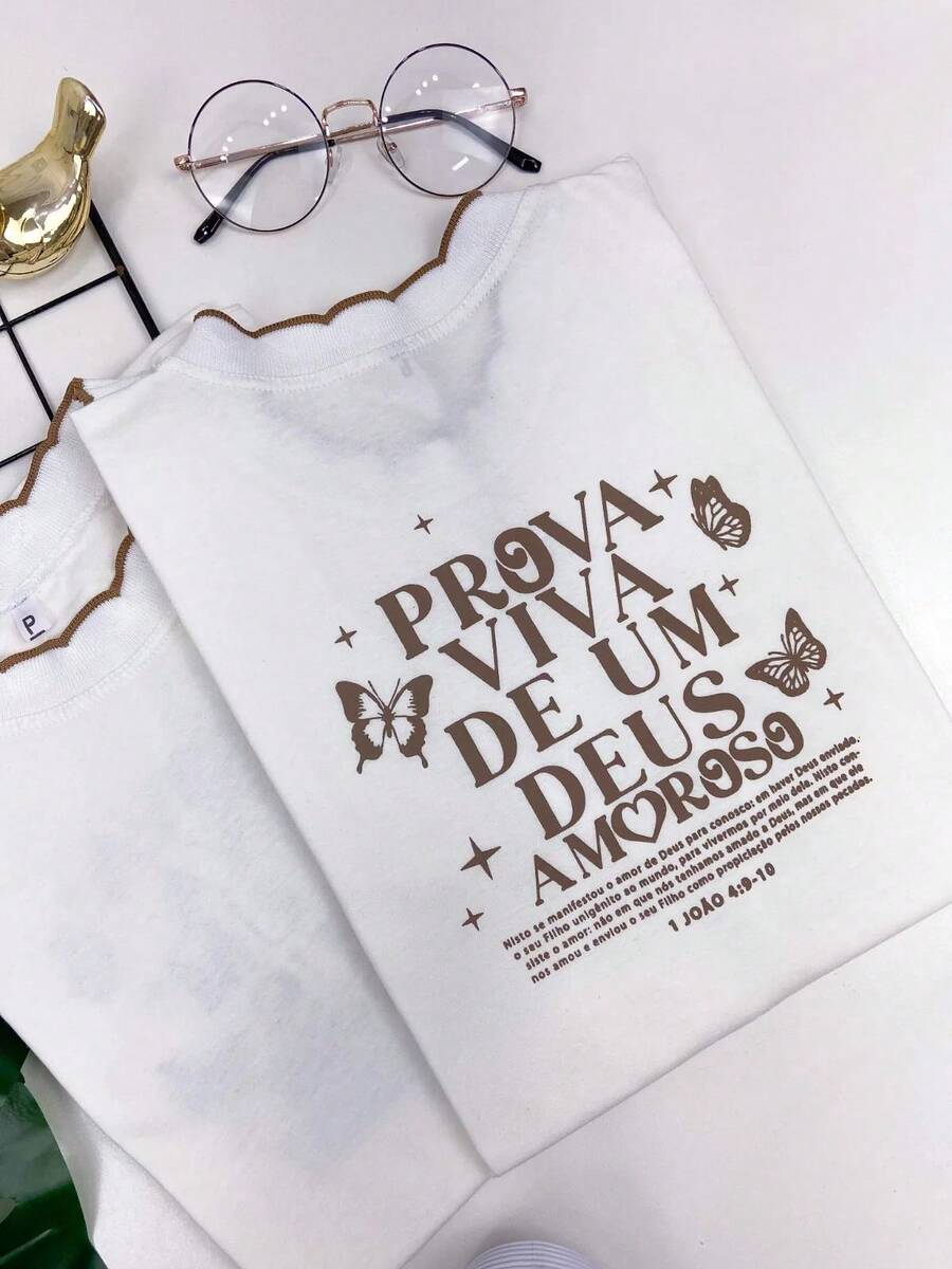 Babylook T-Shirt, Round Neck, Wave Detail, LIVING PROOF OF A LIVING GOD - 奶油色 - 查看 1