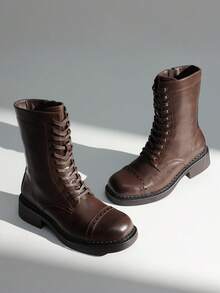 DREAM PAIRS Women's Mid-Calf Boots Fashion Motorcycle Boots Square Toe Lace-Up Riding Chocolate Brown Boots - 巧克力棕 - 查看 4