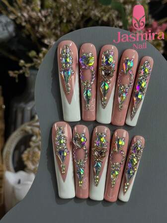 10 Pcs Of Y2K Full-Cover Acrylic Extra-Long Rectangular Reusable Coffin-Shaped Pure Hand-Pressed Nails, Pink Nails, French Tip, Glittering Large Colored Diamonds, Heart-Shaped Decorative Bows, Dark Patterns, Suitable For Women And Girls, Party, Date, Holiday, Birthday Gifts, Diy Nail Art Supplies