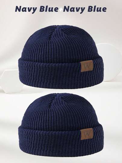 2顶男士皮质贴片南瓜针织帽，柔软、时尚、保暖，适合秋冬季休闲穿着，冬季服装配饰。