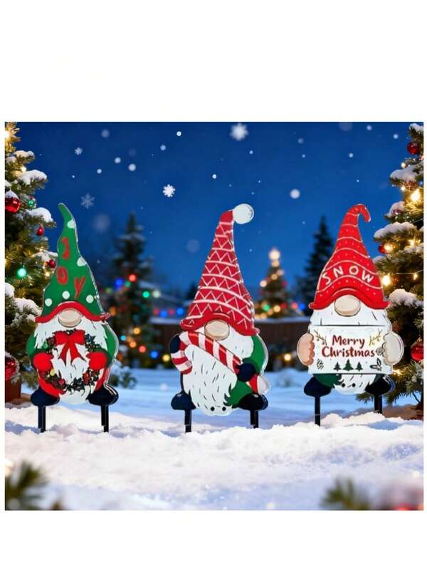 3pcs Christmas Gnome Acrylic 2D Flat Garden Stakes - Outdoor Santa Claus Yard Decor, Holiday Ground , Add Festive Cheer, No Battery Required