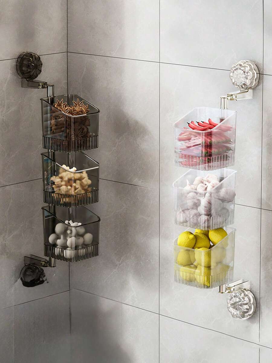 3-Tier Bathroom Kitchen Suction Cup Organizer Rack Toothbrush Holder Skin Care Storage Spice Jars Garlic Ginger Onion Wall Mount Shelf Caddy Sticky Adhesive Strong Hold Waterproof Bathroom Accessories Soap Dispenser Shower Organizer Multipurpose Storage Solution Home Kitchen Organization Pantry Caddy Stand Rack - Multicolor - View 1