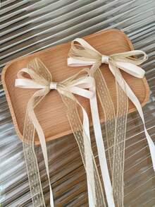 Bộ 2 kẹp tóc nơ ren satin thanh lịch, phụ kiện tóc cao cấp dành cho nữ, kẹp tóc thời trang có đuôi satin, phụ kiện đội đầu, ghim cài tóc. - Màu be - Xem 3