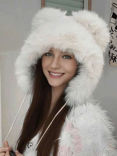 1 pieza Gorro de punto con borla esponjosa y linda para mujer, gorro con orejeras cálido para uso en exteriores en invierno