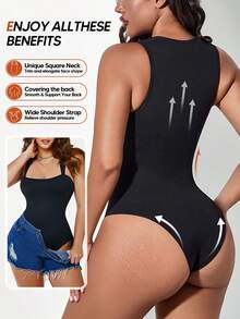 Women's Sexy Ribbed Camisole Crop Top Bodysuit With Square Neckline And Backless Design Black Summer Elegant - Black - View 2
