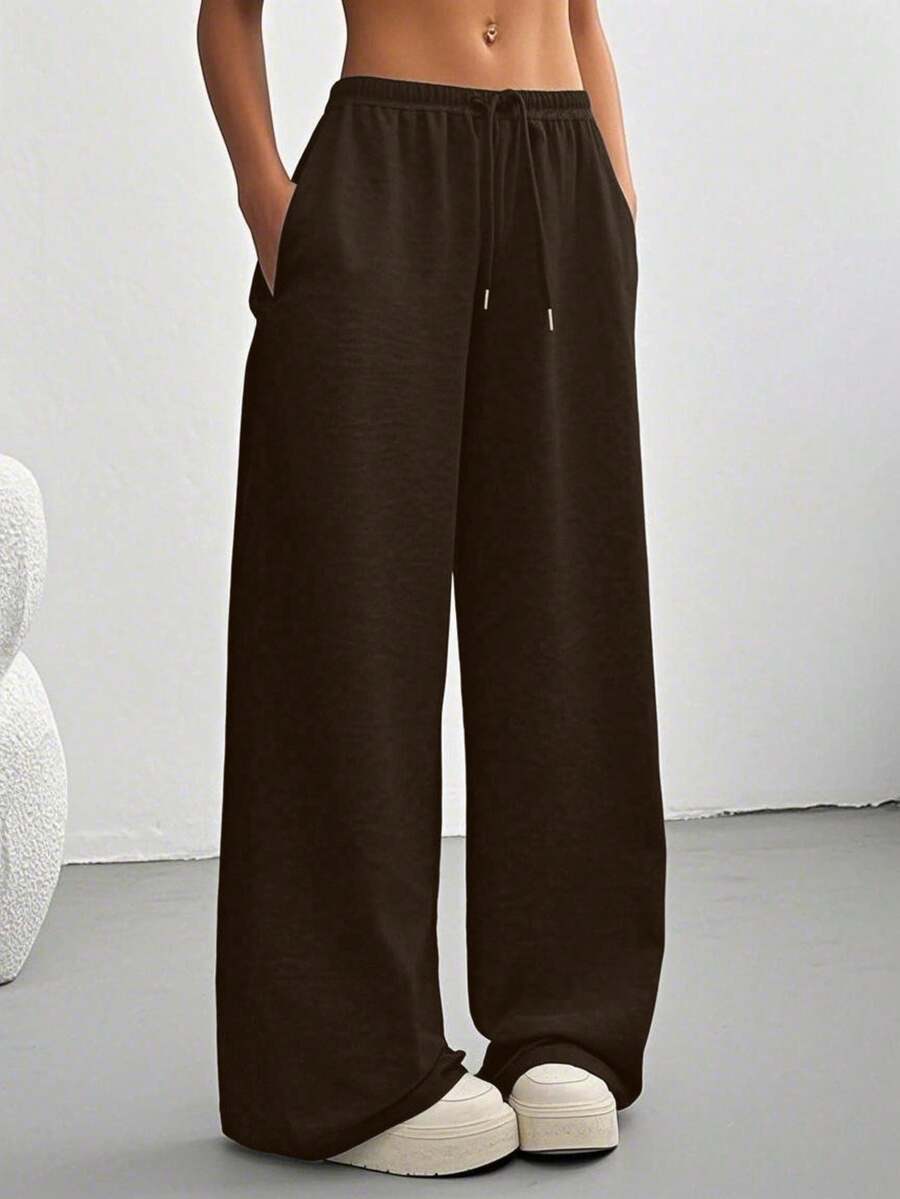 Women's Casual Solid Color Drawstring Waist Sports Pants Spring - Brown - View 1