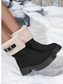 Women's Black Snow Boots, Faux Thermal Lined, Anti-Slip Thick Sole Retro Warm Lined Warm Boots, Round Toe Buckle Soft Bottom Furry Winter Shoes For Winter - Black - View 5