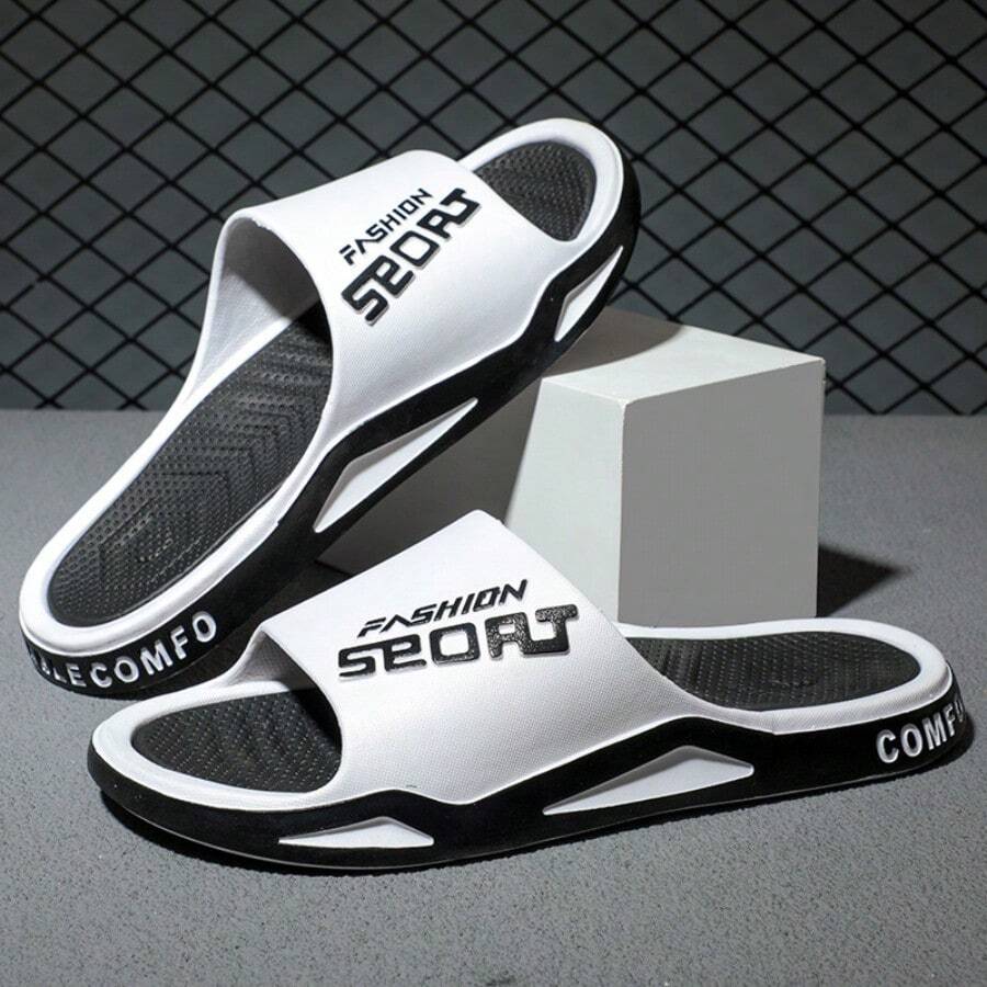 Fashion Men's Sports Slippers - Athletic Sandals With Non-Slip Soles - Men's Letter Design Slippers - Ideal Choice For Spring/Summer Beaches - 黑與白 - 查看 1
