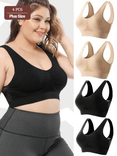 4pcs/Set Plus Size Hollow Mesh Sports Bras For Women, Wireless Shock-Absorbing Yoga Running Activewear