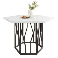 Dining Table And Chair Set (5 Piece Set), Modern Hexagon Marble Dining Table + 4 Grey Velvet Dining Chairs To Create A Warm And Modern Restaurant - Black + Gray + MDF + Steel - View 2