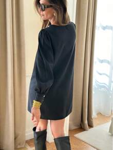 黑色纯色休闲优雅可爱纽扣罗纹长袖连衣裙 - 黑色 - 查看 2