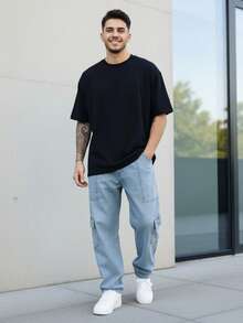 Ondway Men's Light Denim Cargo Pants With Drawstring Waist And Slight Stretch Long Trousers Loose And Casual Streetwear Skateboard Unisex - 輕便牛仔褲 - 查看 3