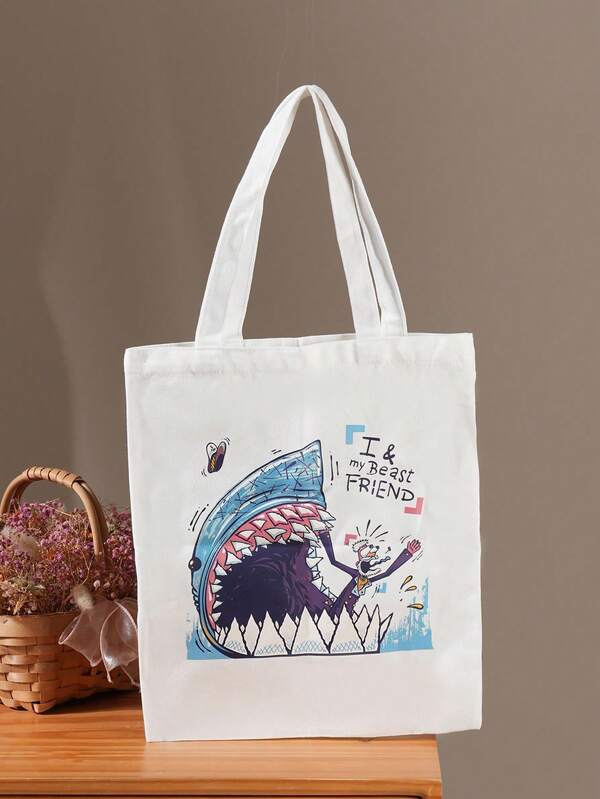 Cartoon Hai & Bestien Freund bedrucktSegeltuchas Tragetasche - Lustiges grafisches Schultertasche für den täglichen Gebrauch, einzigartiges Design Einkaufstasche, sehr strapazierfähige Einkaufstasche, faltbar und wiederverwendbare tragbare Einkaufstasche, geeignet für die tägliche Aufbewahrung in Taschen/Handtaschen und sehr praktisch zu verwenden, wenn nötig.