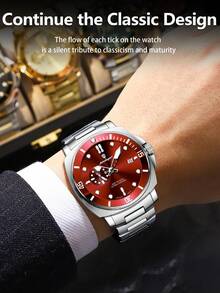 POEDAGAR 男士不锈钢日期防水夜光石英表，带旋转表圈和小秒针表盘设计，高端绅士腕表，适合商务场合，男士礼品 - 紅色 - 查看 7