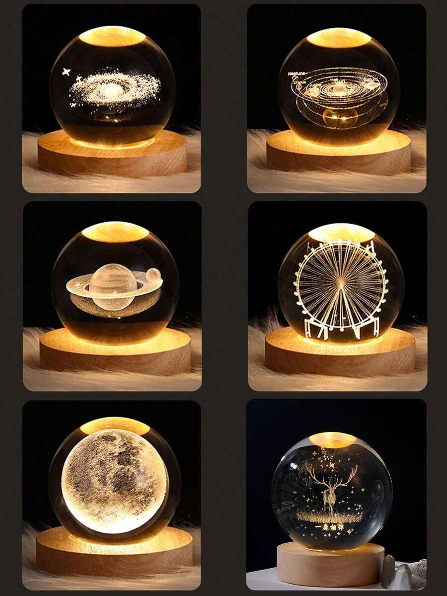 1 pièce Boule de cristal lumineuse en verre, lampe de chevet à lumière douce représentant la nébuleuse de Saturne et la lune. Projecteur de boule de cristal lumineuse, lampe d'ambiance créative. Le motif gravé au laser peut varier. - Multicolore - Voir 1